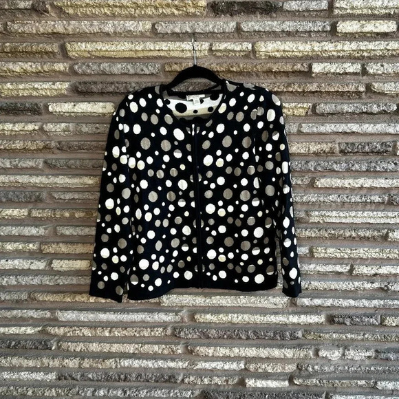 Appleseed's Black Tan Cream Polka Dot 100% Cotton Cardigan Sweater - Picture 1 of 6